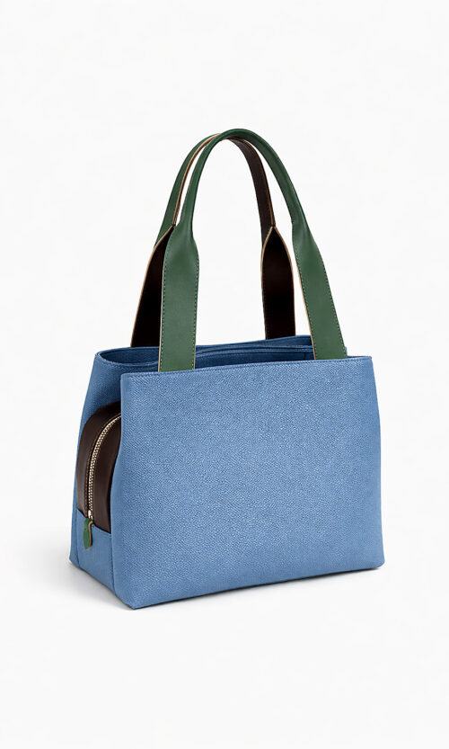 borsa a spalla artigianale in pelle azzurra con manici verdi Momi Headmade